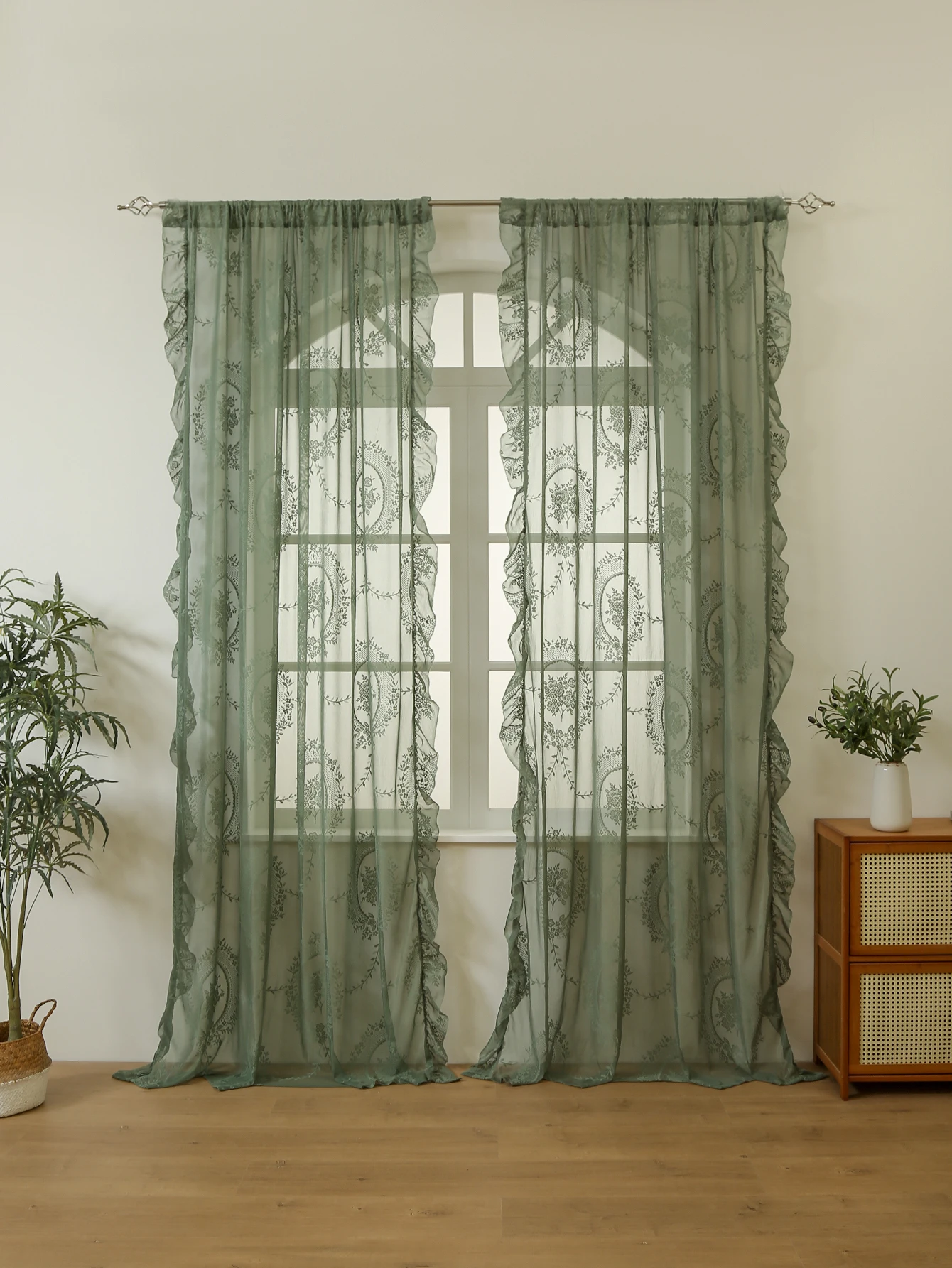 Grüne Spitzenvorhänge, 84,3 cm lang, 1 Panel-Set, Boho-Paarblumen, Jakobsmuschel, Rüschen, Shabby-Chic-Vintage-Fensterbehandlungspaar Image