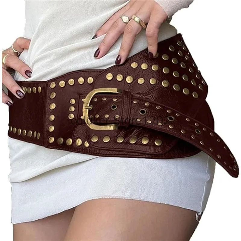 Damen Nieten-Gürtel aus PU-Leder im Boho-Stil, Vintage Western Schwarz-Brauner Gürtel, Y2k Grunge Accessoires Image