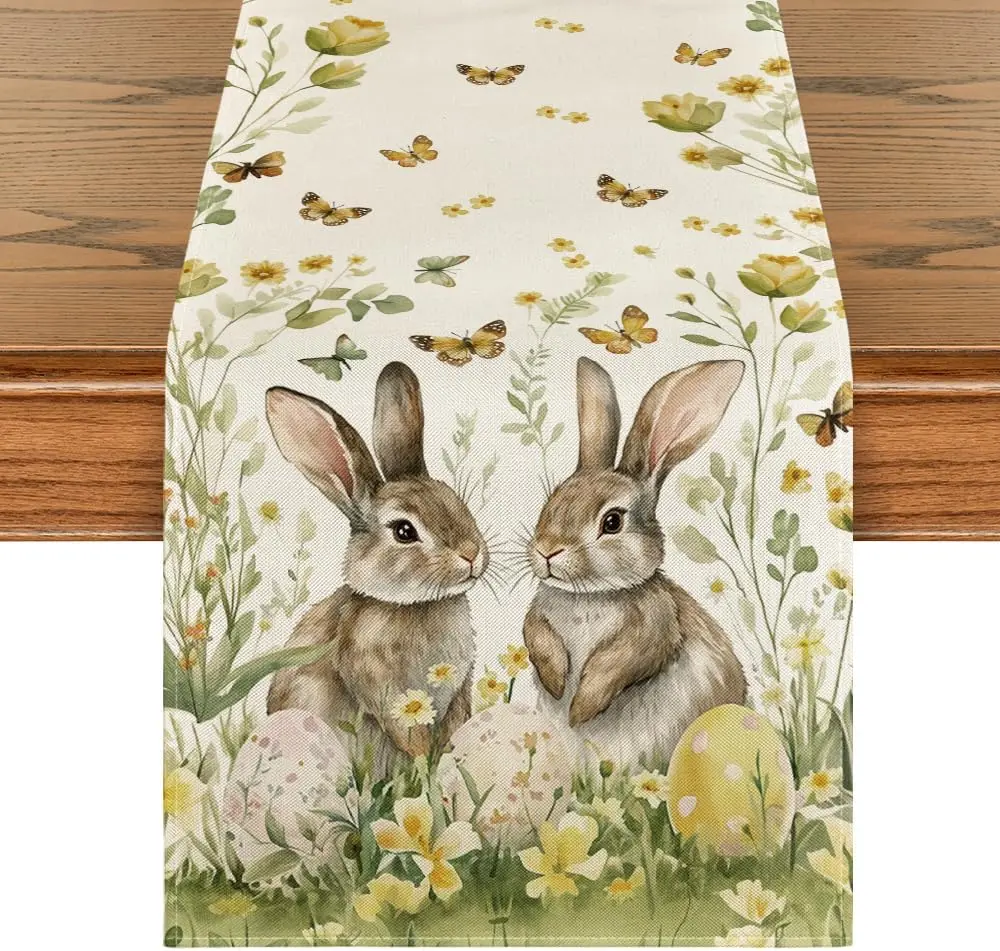 Osterhasen-Eier, Schmetterling, Blumenmuster, Leinen, Tischläufer, Urlaub, Party, Dekoration, Frühling, Küche, Esstischläufer, Osterdekorationen Image