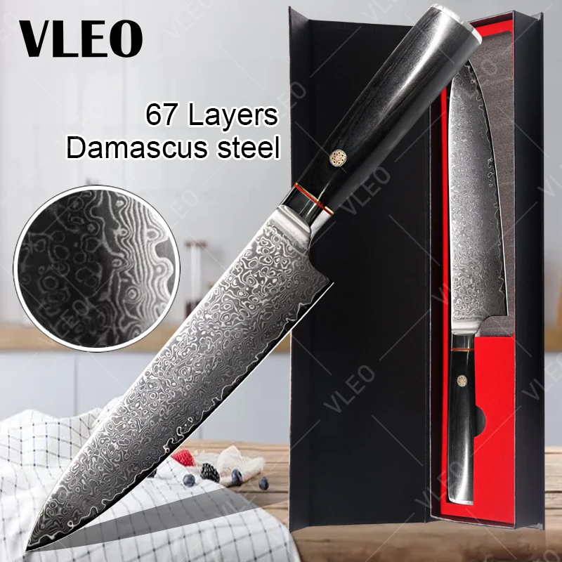 VLEO Damaskus Fleischbeil Professionelles japanisches Kochmesser Mehrzweck-Küchenschneidemesser Obst Schälschneidemesser Image