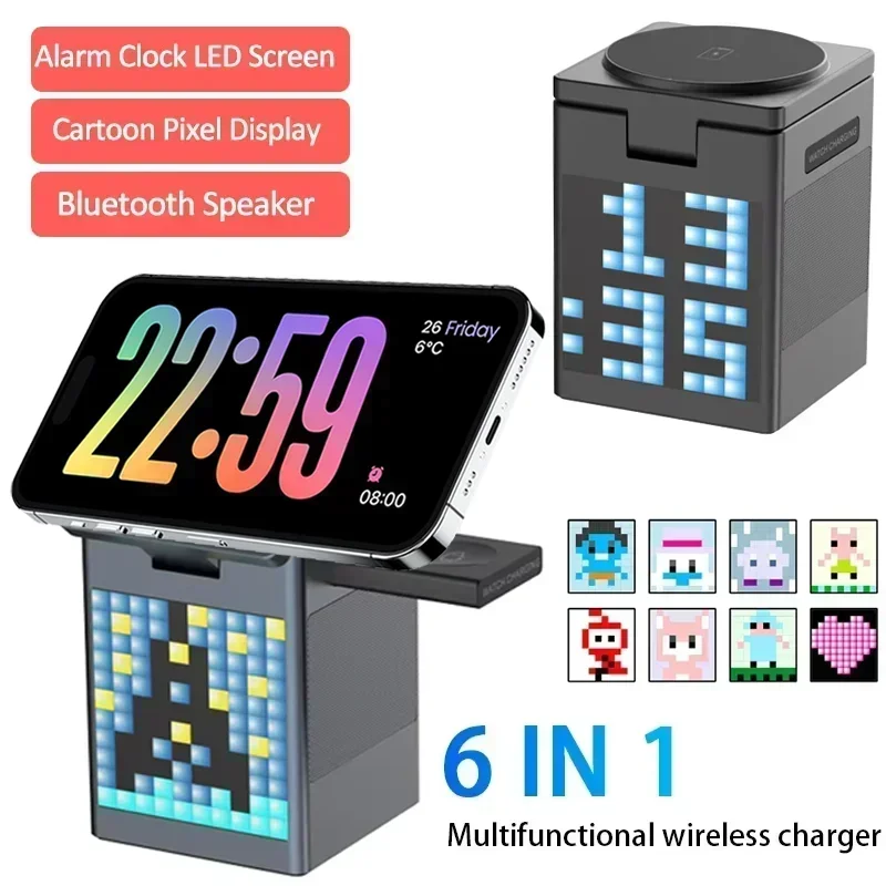 6-in-1 magnetischer kabelloser Ladeständer Bluetooth-Lautsprecher Wecker für iPhone 16 15 14 13 12 Pro Max Airpods Pro Apple Watch Image
