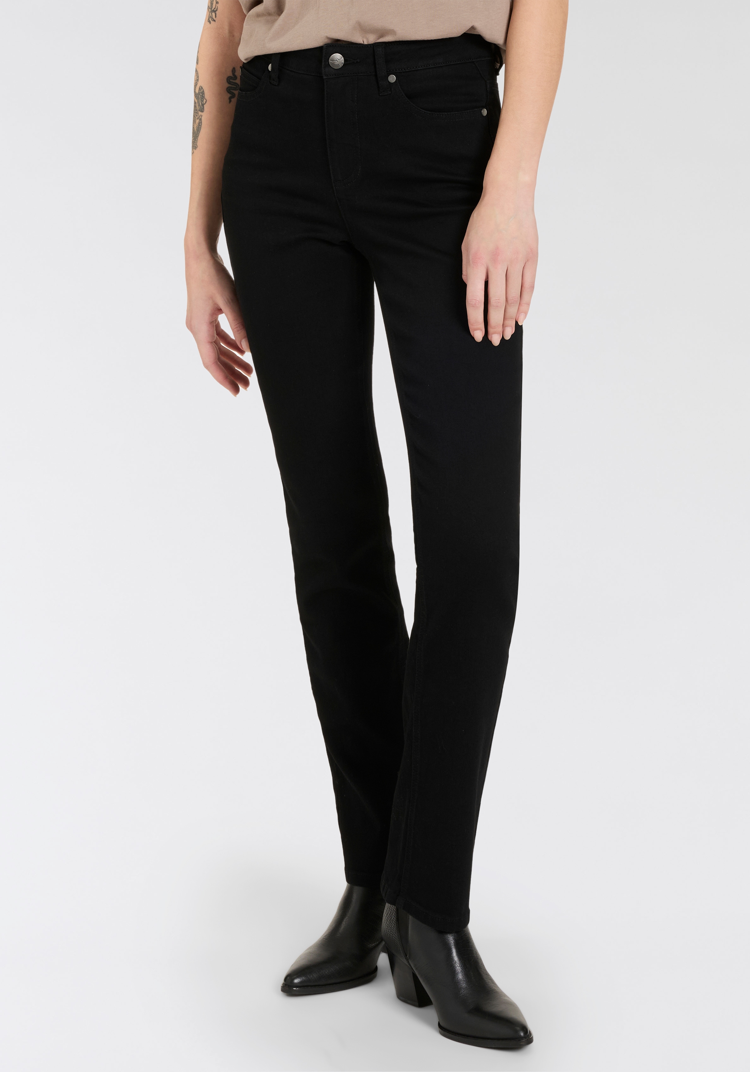 Gerade Jeans ARIZONA "Ultra-Stretch", Damen, Gr. 100, K + L Gr, schwarz (schwarz schwarz), Denim/Jeans, Obermaterial: 74% Baumwolle, 24% Polyester, 2% Elasthan, unifarben, Basic, gerade lang, Jeans, normale Passform, Comfort Fit, Used-Look-Waschung,...