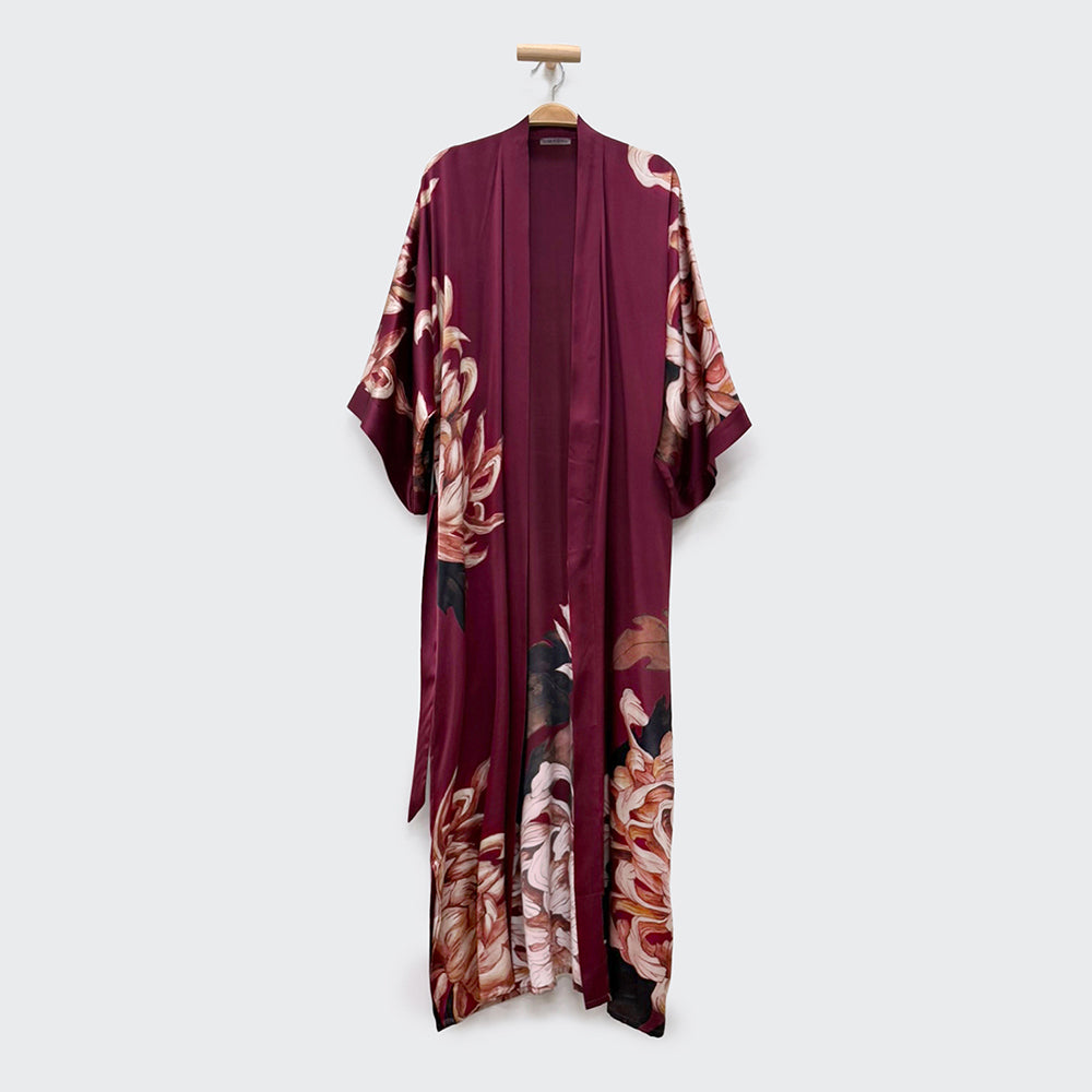 KIM+ONO Kimono Robe | Silk Kiku Long Kimono Robe | Silk | Wine | Long