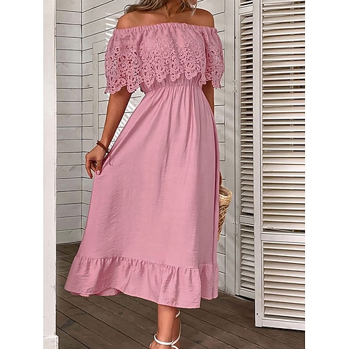 Damen Midikleid Baumwoll Mischung Sommerkleid Freizeitkleid Schwingkleid Basic Lässig Täglich Urlaub Date Normale Passform Einfach Halbarm Schulterfrei Schwarz Rosa Grün Sommer Frühling Herbst Image