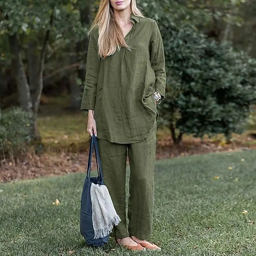Damen Hemd Leinen-inspirierte Sets Zweiteilige Sets Leinenhosen Hosen Hose Set Langarm Hemdkragen Einfarbig Kordelzug Mode Streetwear Alltagskleidung Date Blau Dunkelgrün Khaki Frühling Normale Image