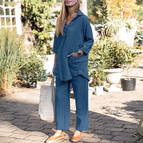 Damen Hemd Leinen-inspirierte Sets Zweiteilige Sets Leinenhosen Hosen Hose Set Langarm Hemdkragen Einfarbig Kordelzug Mode Streetwear Alltagskleidung Date Blau Dunkelgrün Khaki Frühling Normale Image