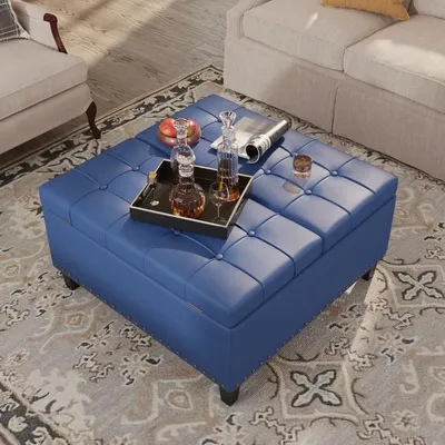 Vabches Square Ottoman Storage Bench Faux Leather Lift Top Storage Bench Coffee Table Upholstered Footrest Stool for Living Room