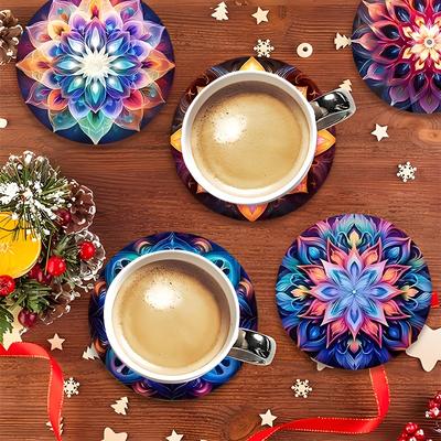 TEMU 6pcs Set Of Colorful Mandala Pattern Wooden Coasters - Coffee, Tea And Drinks - Ideal Table Protection For Christmas, Halloween, Easter, Valentine's Day Image