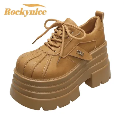 New 2025 Spring Women's Leather Sneakers High Platform Lace-up Casual Shoes Thick Sole 10CM Heels Walking Shoes Zapatos Mujer