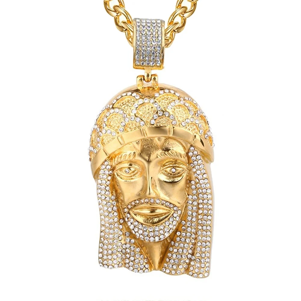 Hip Hop Iced Out Big Jesus Head collane con ciondolo collana cristiana in acciaio inossidabile Color oro maschile per regalo di gioielli da uomo