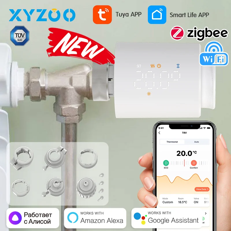 Tuya Smart ZigBee/WLAN TRV Heizkörper-Thermostatventil, Thermostatischer Heizkörperregler, Temperaturregler, Kompatibel mit Alexa und Google Home Image