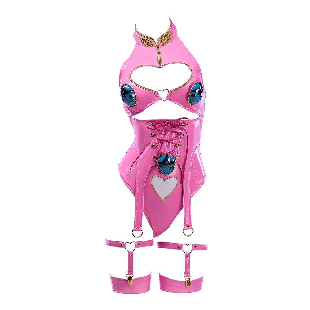 MOBBUNNY Damen Dio Dessous Neckholder-Body mit Herz-Ausschnitt und Handschuhen, Beinringe, Cosplay-Kostüm Image
