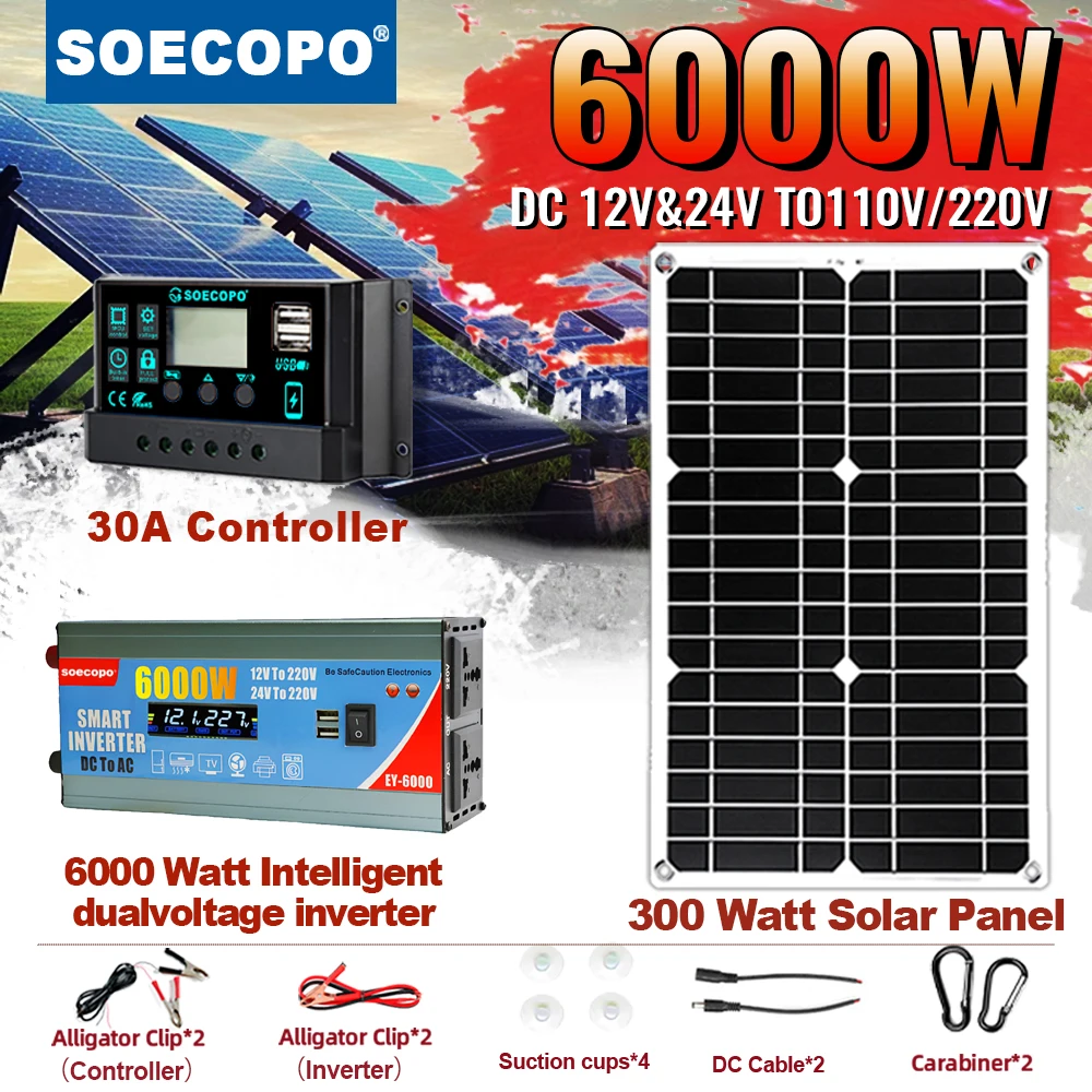 Das komplette Hochleistungs-6000-W-Solarsystem enthält einen 300-W-Solarpanel mit 30 A-Laderegler und einem intelligenten Wechselrichter für Gleichstrom zu Wechselstrom Image