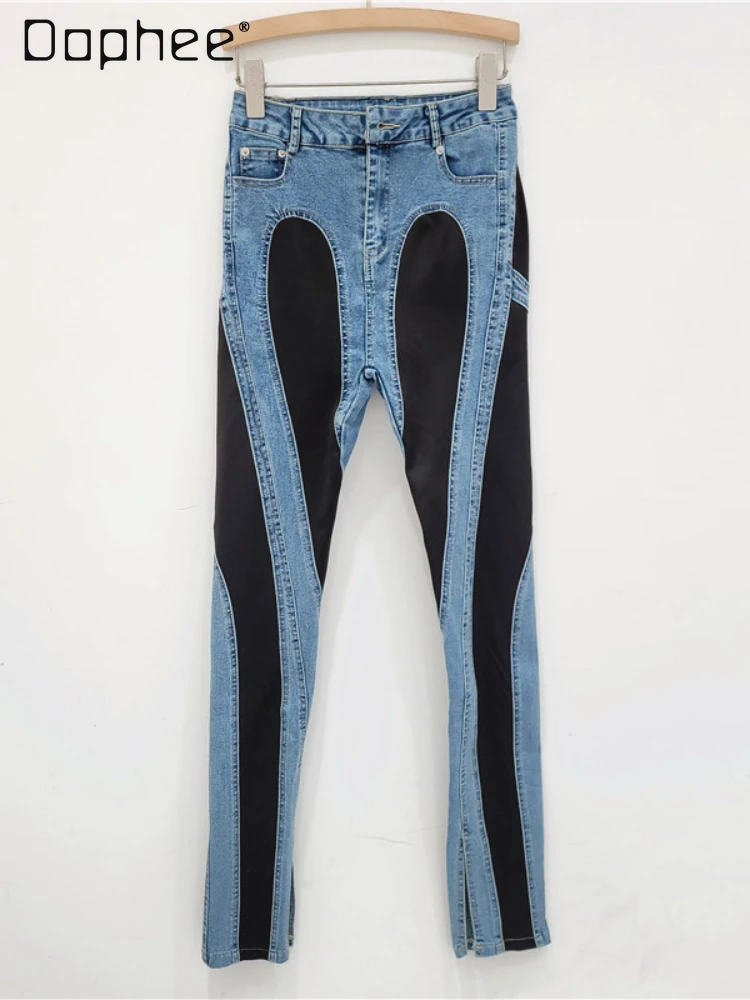 Street Fashion Spiral Stitching Jeans Frühling und Herbst sexy Slim Fit Langbein Typ Split High Taille Jeans Blue Jeans für Frauen