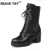 Reave Katze Stiefeletten Frauen Plattform Schuhe Gummi Schnürung schwarz Herbst klobige Stiefel große Größe 46