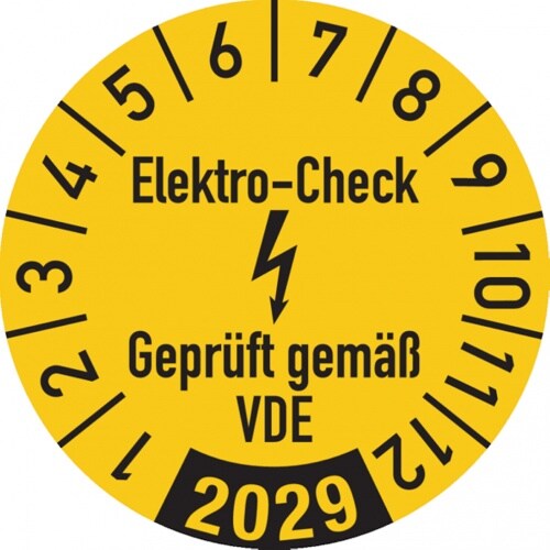 König Werbeanlagen Dreifke® Jahresprüfplakette, Elektro-Check Geprüft gem. VDE, gel - 30 mm Folie selbstklebend Image