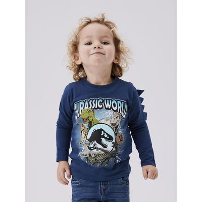 Langarmshirt NAME IT "NMMJOLLY JURASSIC LS TOP NOOS SKY", Jungen, Gr. 104, blau (schwarz denim), Jersey, Obermaterial: 95% Baumwolle, 5% Elasthan, bedruckt, casual, normal, Rundhals, Langarm, Shirts Image