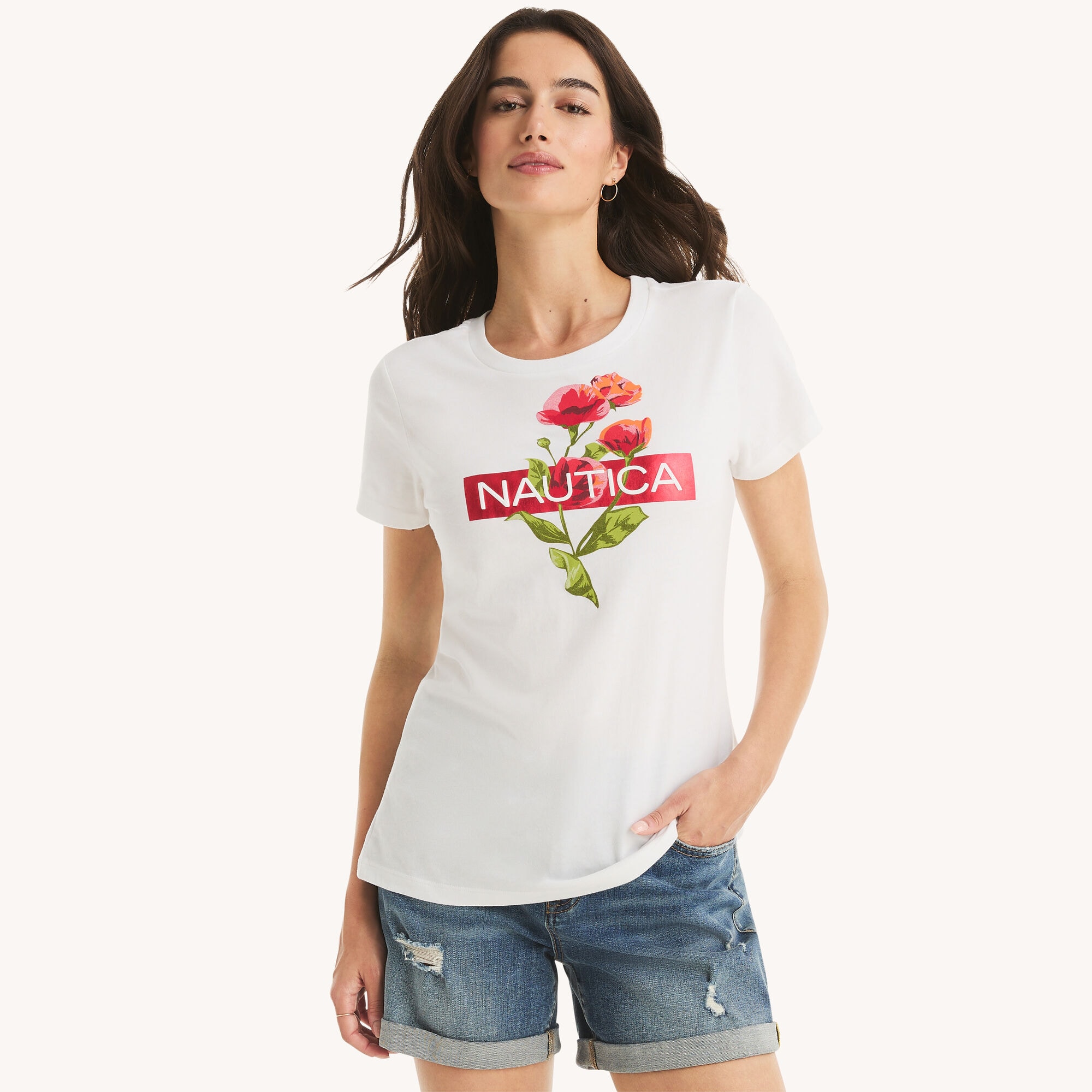 Nautica Women's Floral Logo Graphic T-Shirt 101 (Bright White), XS