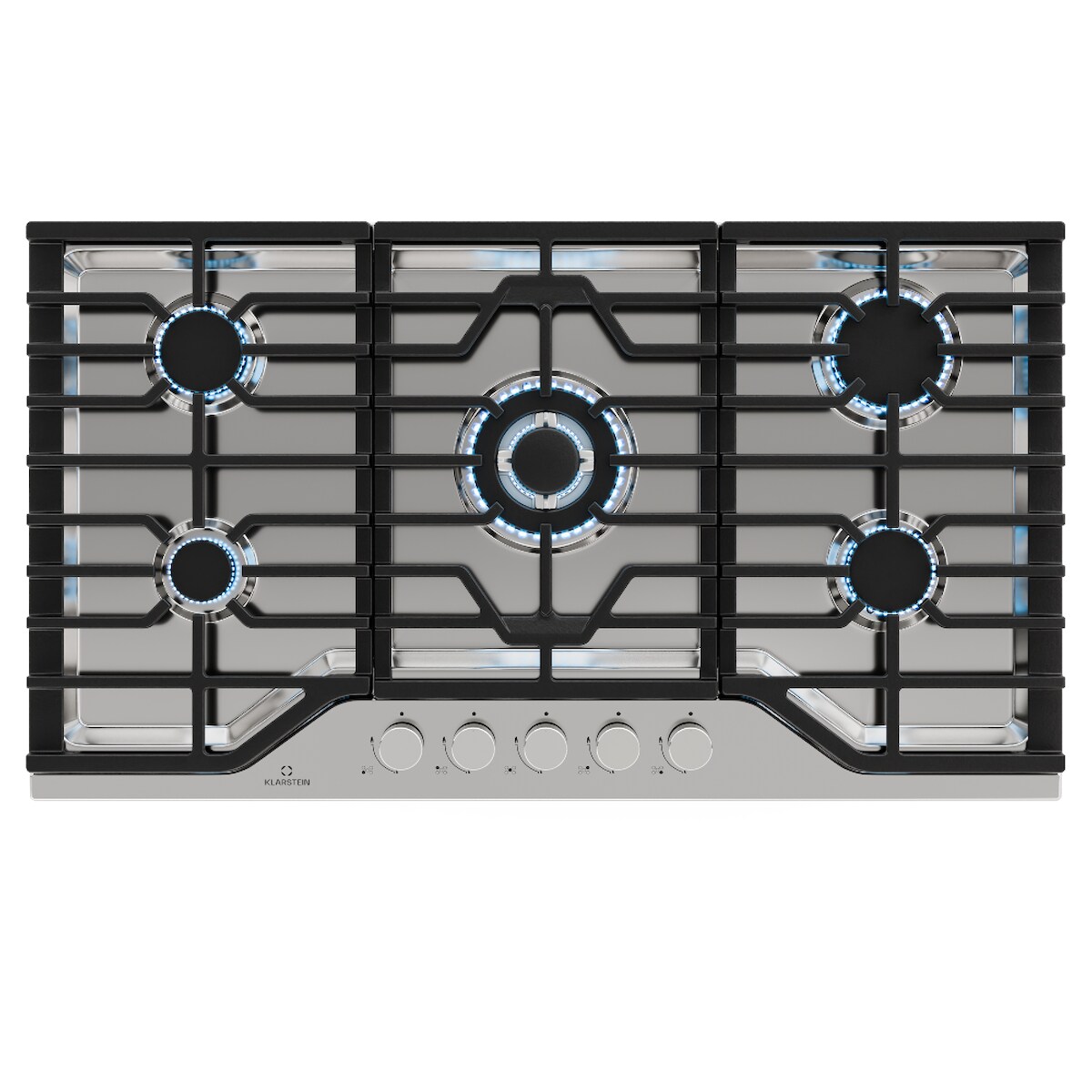 Klarstein Turbocast Gaskochfeld | 304er Edelstahl | 5 Brenner | Profi-Gusseisenhalter | Wok-Brenner Silber Image