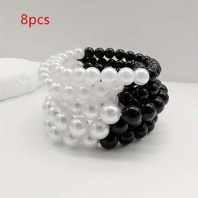 TEMU 8pcs Neutral Multi-piece Black And White Pearl Bead Bracelet Elastic Bracelet Gift Image