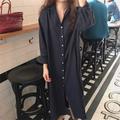 Femmes Robe Longue Maxi Robe Robes inspirées du lin Robe Chemise Robe Décontractée Élégant Occasionnel Vacances Quotidien Date Coupe régulière Uni manche longue Revers Blanche Rose Claire bleu marine