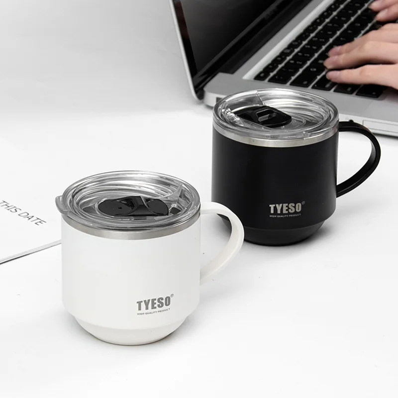 TYESO Thermosbecher aus Edelstahl 304, mit Griff und durchsichtigem Deckel, Kaffeebecher hält Kälte und Hitze, tragbare Wasserbecher für Zuhause und Büro Image