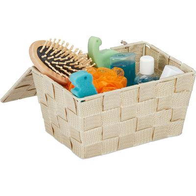 Relaxdays - Aufbewahrungskorb mit Deckel, Flechtoptik, Bad Organizer HxBxT: 10,5 x 19,5 x 14,5 cm, Image
