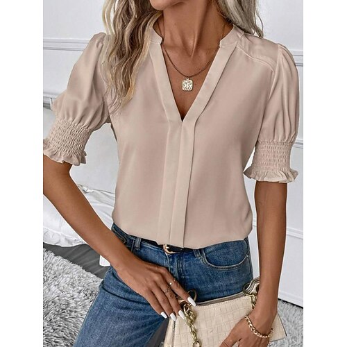 Damen Hemd Bluse Einfarbig Stilvoll Lässig Kurzarm Langarm V Ausschnitt Normale Oberteile Täglich Arbeit Ferien Schwarz Weiß Pudriges Rosa Orange Grün Sommer Frühling Image