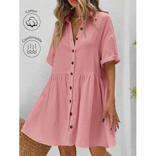 Damen Minikleid Baumwoll Mischung Hemdblusenkleid Basic Lässig Täglich Urlaub Normale Passform Einfach Kurzarm Hemdkragen Schwarz Rosa Aprikose Sommer Image