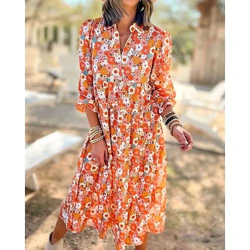 Damen kleid lang Casual kleid A Linie Kleid Blumenkleid Sommerkleid Elegant Stilvoll Urlaub Täglich Verabredung Regular Fit Blumen Langarm Kargen Orange Sommer Frühling
