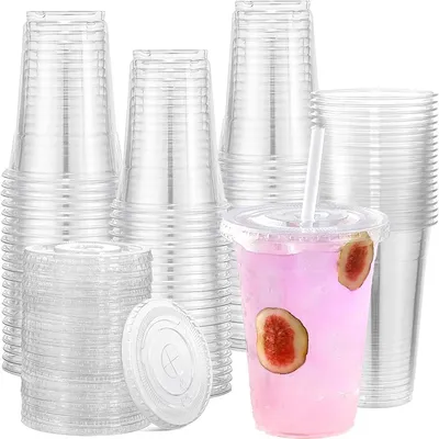 50PCS Clear Disposable Plastic Cups Flat Lids Drinking Cup for Party Wedding Ice Coffee Milkshakes