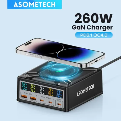 260W USB C GaN Charger, Desktop Wireless Charger PD3.1 140W 100W Fast Charging Station, Power for