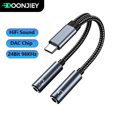 USB C to Dual 3.5mm Jack Cable Type C 3.5 Earphone AUX Audio Adapter DAC Chip Hi-Fi Sound for USB-C Phone Tablet Speaker Louder