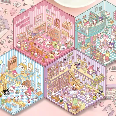 1Set Sanrio Hello Kitty 3D Stickers DIY Three-dimensional Cabin Scene Stacking Pasting Hand Account