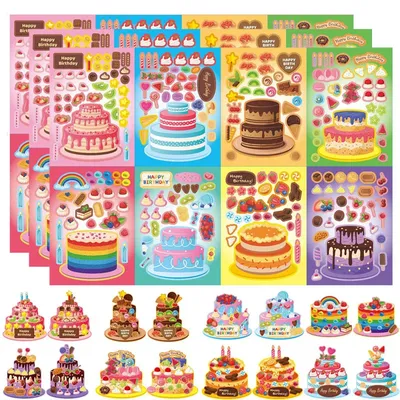 Puzzle Assemble Birthday Cake Stickers Sheets for Kids Children Party Favor DIY Make Your Own Layer