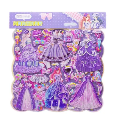 3D Puffy Princess Stickers Dress Up Dolls for Girls Children Cartoon Kawaii Sparkling Sticker Toy