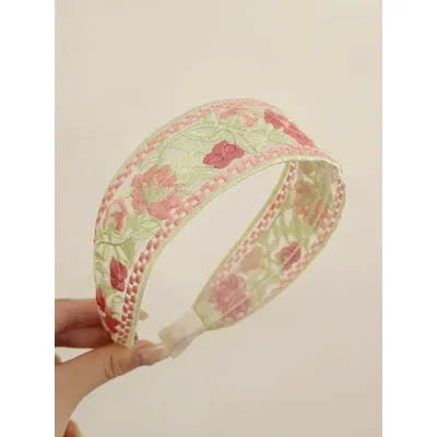 1 Pcs Pink Boho Floral Headband Embroidery Wide Hair Band,Bohemia Vintage Ethnic Style for Women