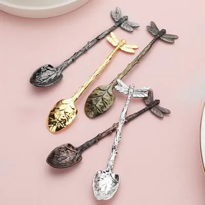 Retro Stainless Steel Dragonfly Coffee Stirring Spoon Creative Leaves Shape Teaspoon Tableware