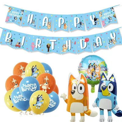 Bluey Birthday Balloon Pull Flag Banner Cake Card Set For Children Boys Girls Birthday Decoration