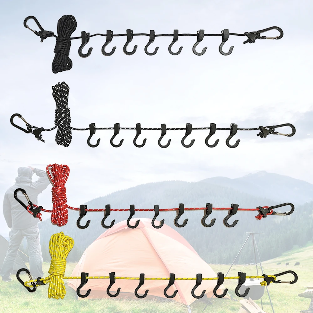 5m Laundry Drying Hanging Rope Multi-purpose Camping Accessories Clothesline Adjustable Anti-slip With 7 Hook Hanging Rope