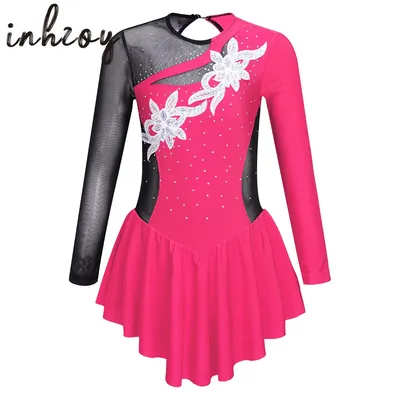 Kids Girls Rhinestone Floral Sequins Figure Ice Skating Dress Ballroom Dance Competition Gymnastics