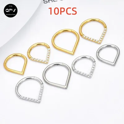 1/10PCS 316L Stainless Steel Heart-Shaped Drop Nose Ring 16G Inlaid ZC Men's And Women's Perforated