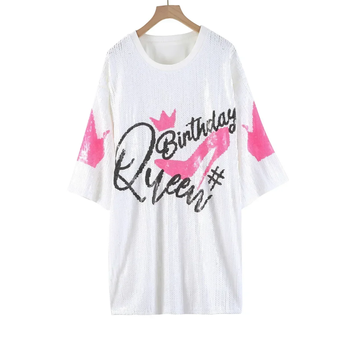 Birthday New Fashion T Shirts Sequins Women Short Sleeved Tops Simple Round Neck Female Letter T-shirt