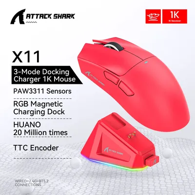 Attack Shark X11 Wireless Mouse,Bluetooth/2.4G/wired Tri-Mode Mouse ,PAW3311 RGB Magnetic charging