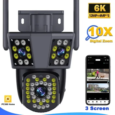 6K 12MP WiFi Camera Outdoor 10X Zoom Security CCTV Triple Lens Triple Screen Ai Track Mini Video