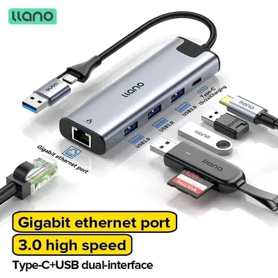 Llano 2 IN 1 USB 3.0 5 Port Docking Station Gigabit Ethernet Port USB/USB C To USB/Type-C/Ethernet