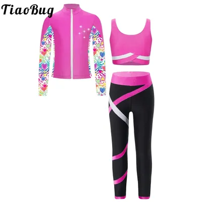 Kids Girls Figure Skating Tracksuits Long Sleeves Athletic Shirt with Vest Tops Leggings Sports