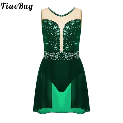 Rhinestone Gymnastics Figure Skating Dress for Teen Girls Sleeveless Sheer Mesh Tutu Ballet Leotard