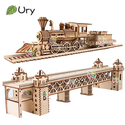 Ury 3D Wooden Puzzle Retro Steam Train with Track Railway Bridge Handmade Assembly Truck Model DIY