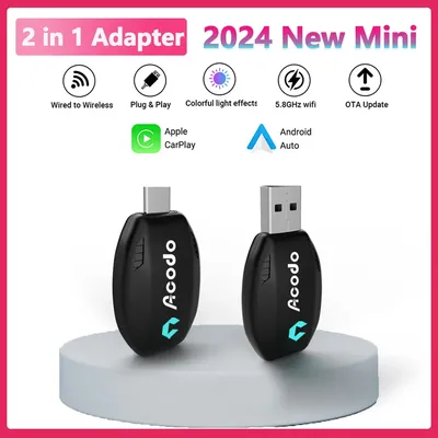 Acodo 2in1 CarPlay Android Auto Mini Box Wired To Wireless USB Type-C Carplay Box Smart Dongle